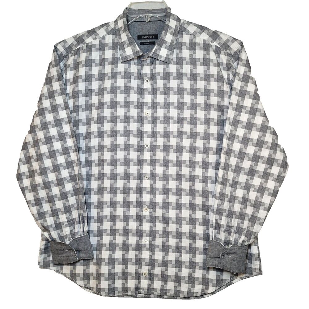 Bugatchi Men's 2XL Shaped Fit Flip Cuff Gray White Geometric